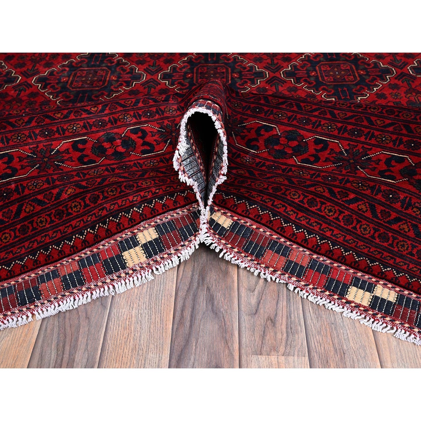 9'10"X12'9" Red Afghan Khamyab Geometric Pattern Hand Knotted Soft Wool Rug