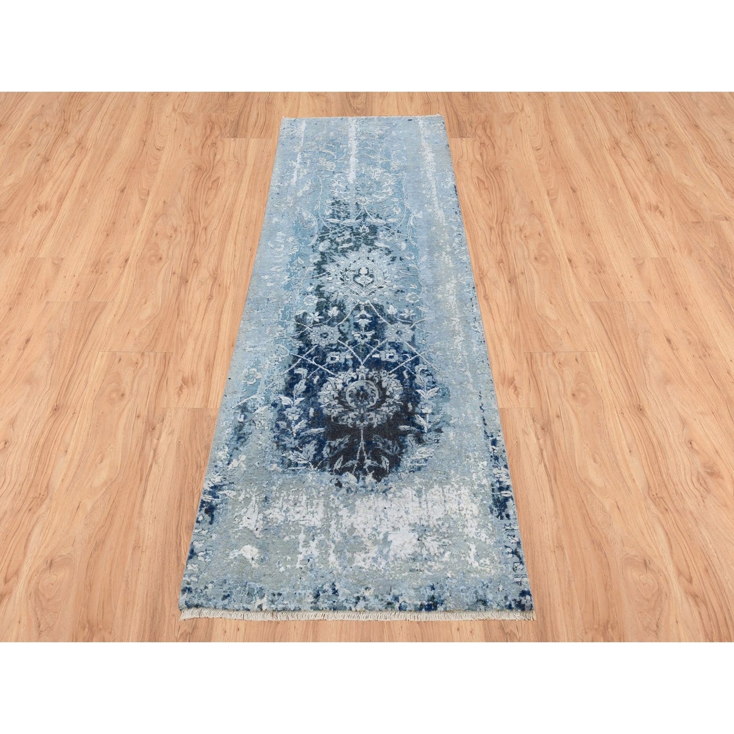 2'7"X8' Blue-Teal Farsian Tebraz Wool And Silk Hand Knotted Runner Rug