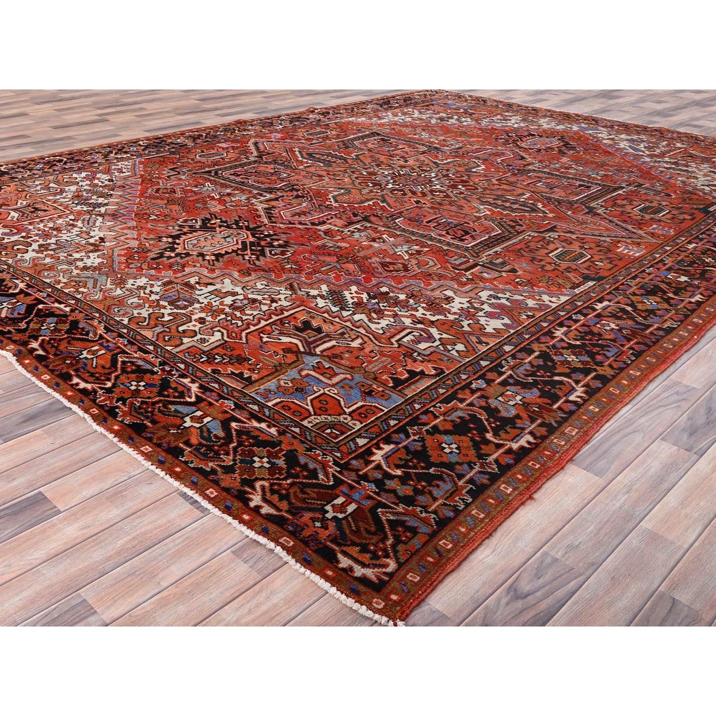 10'1"X13'2" Red Semi Antique Zoroastrian Heris Worn Wool Hand Knotted Rug