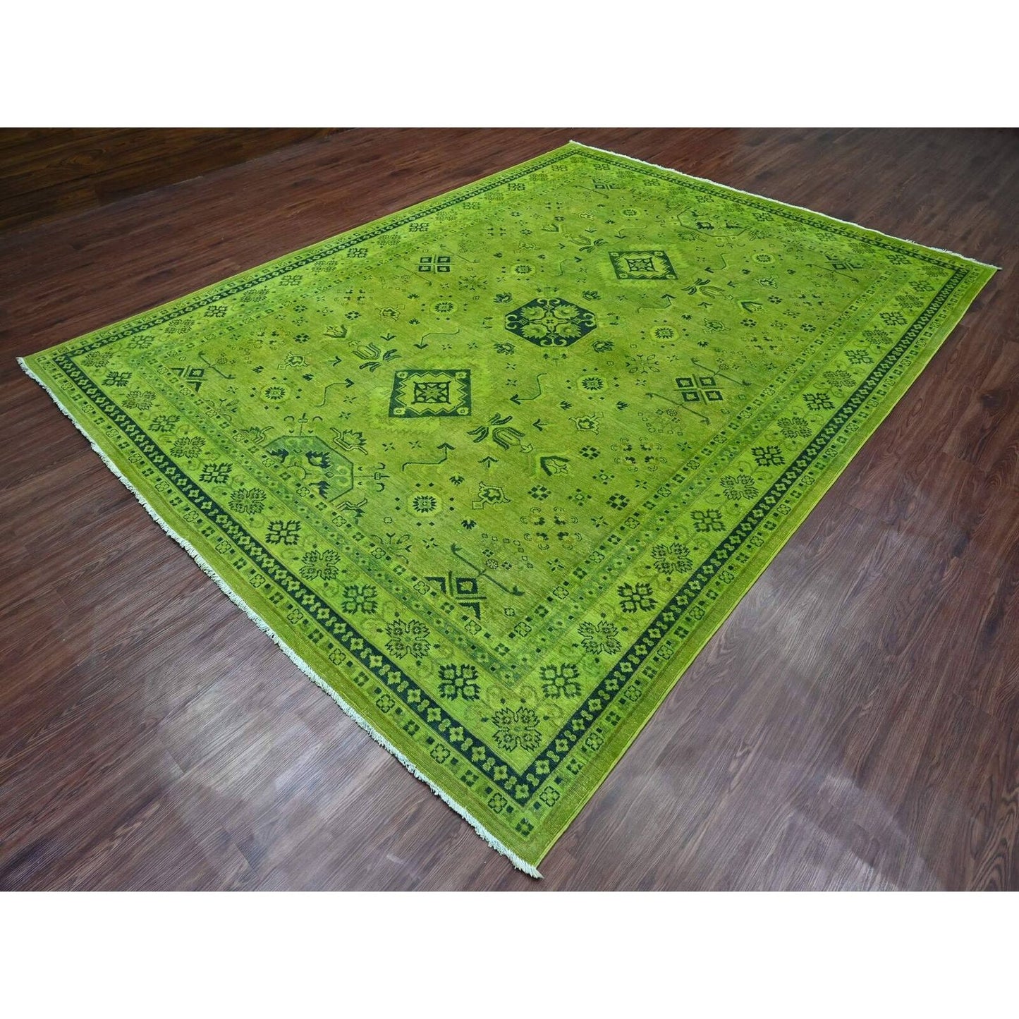 8'7"X11'6" Green Overdyed Kazak Geometric Pattern Hand Knotted Wool Rug