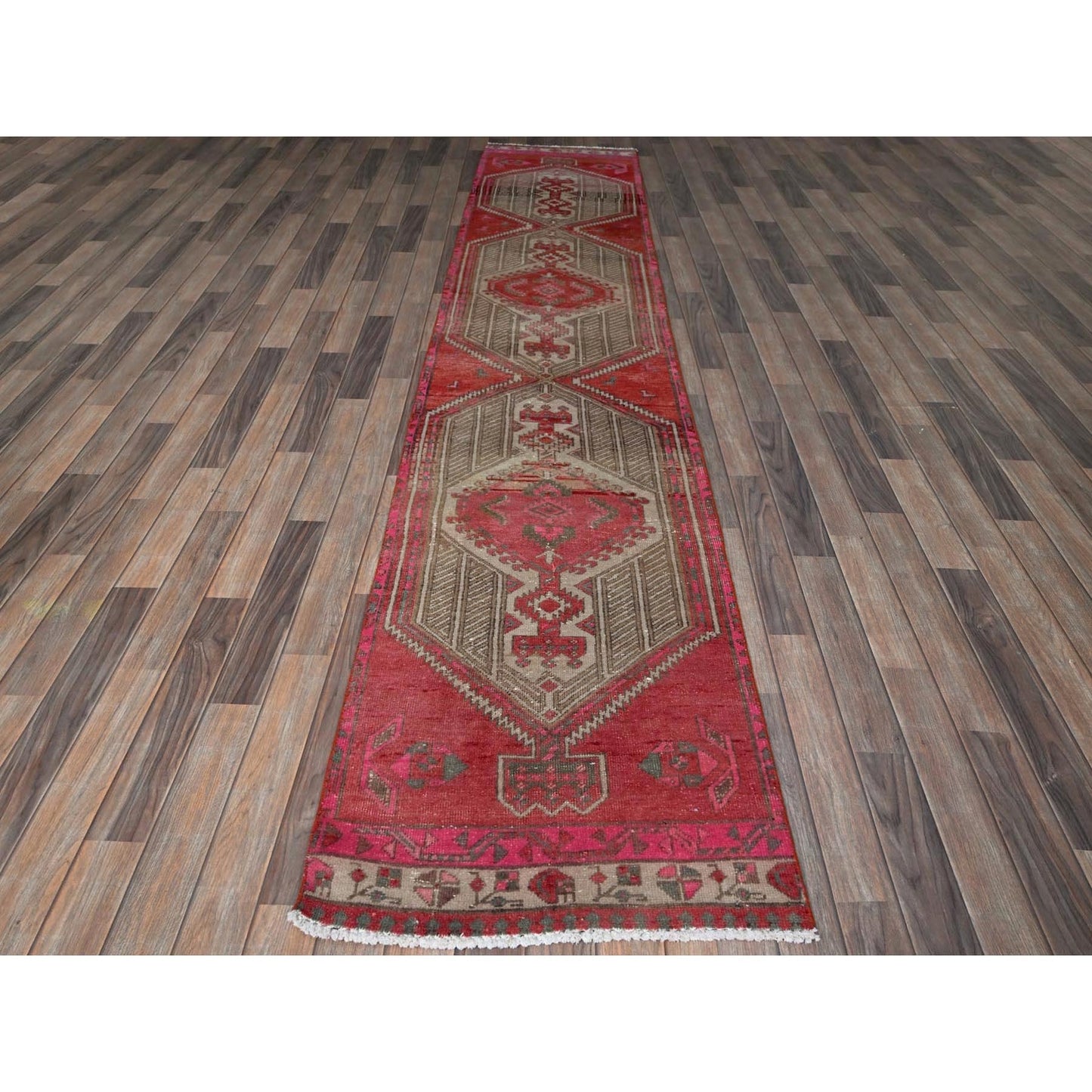 2'5"X11'10" Red Overdyed Vintage Zoroastrian Hand Knotted Wool Runner Rug