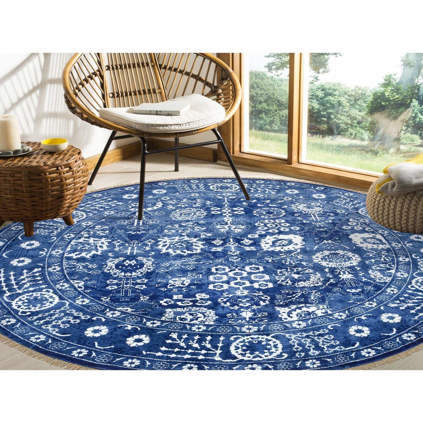 10'2"X10'2" Denim Blue Tebraz Wool And Silk Hand Knotted Round Rug