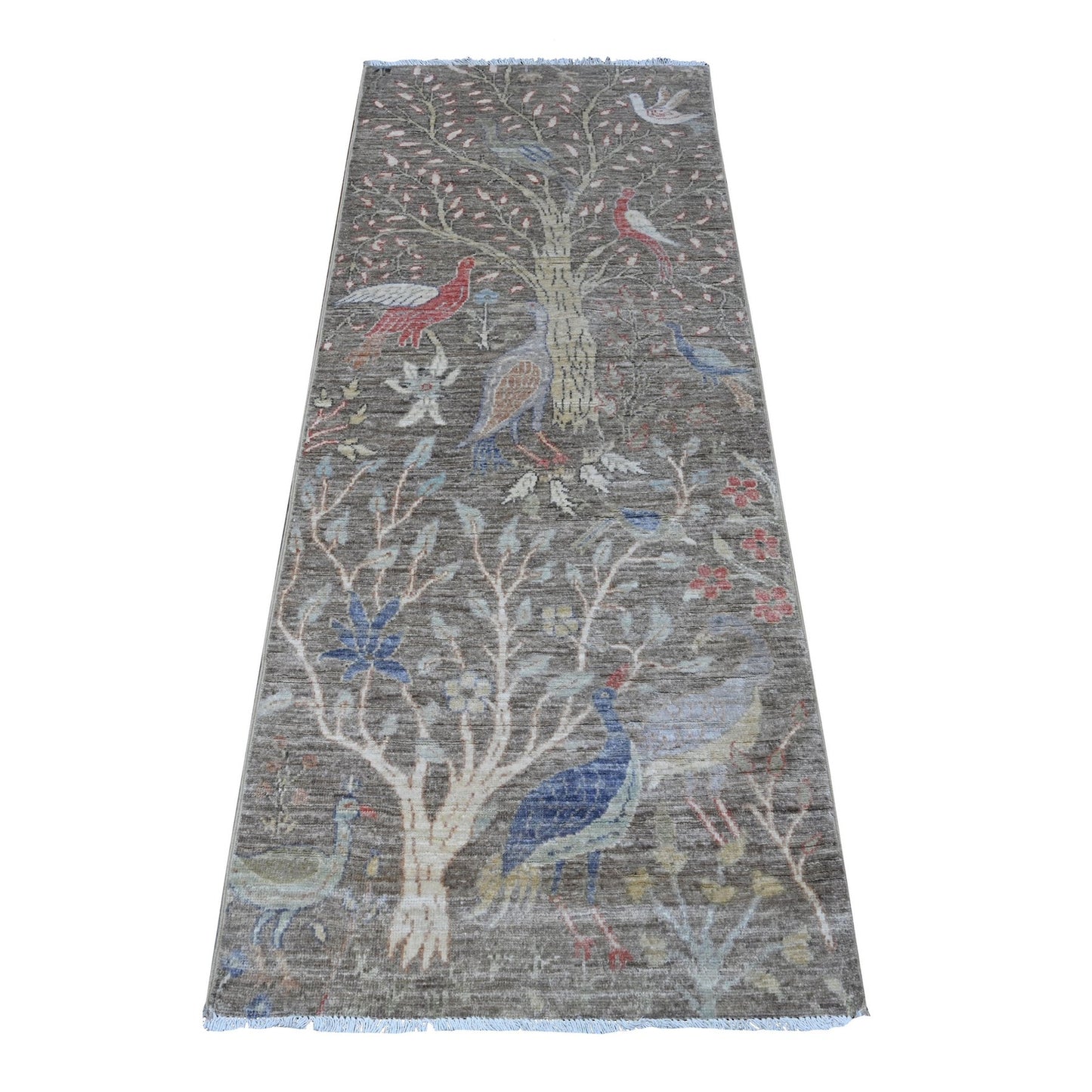 2'6"X6'2" Gray Birds Of Paradise Hand Knotted Wool Runner Oriental Rug