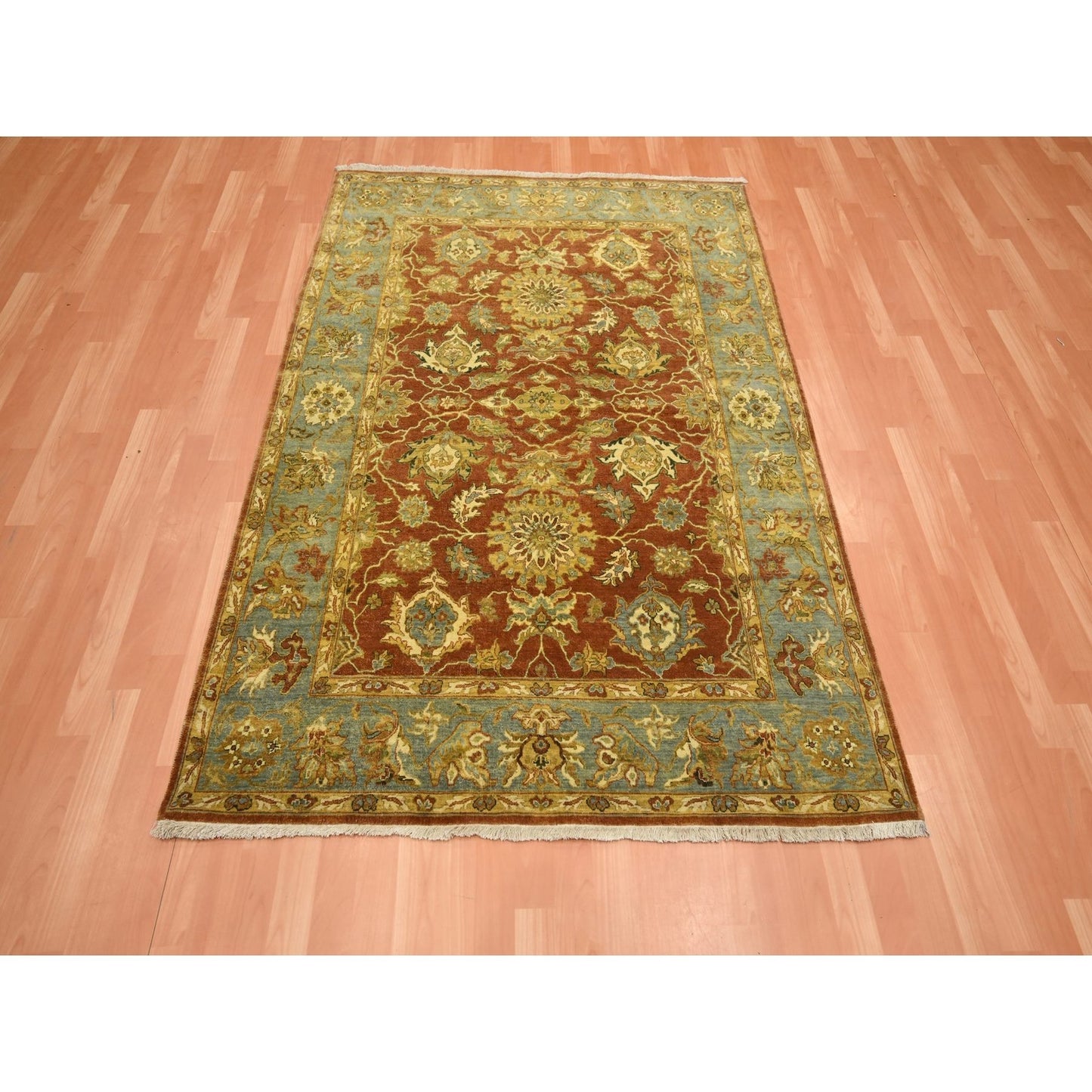 4'8"X6'4" Red Lamani Flower Motifs 100% Wool 300 Kpsi Hand Knotted Rug