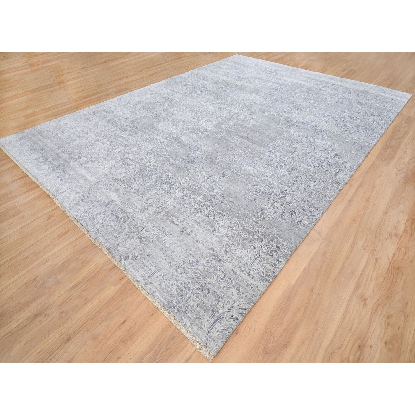 10'X13'10" Ivory Hand Knotted Damask Design Wool And Plant Based Silk Rug