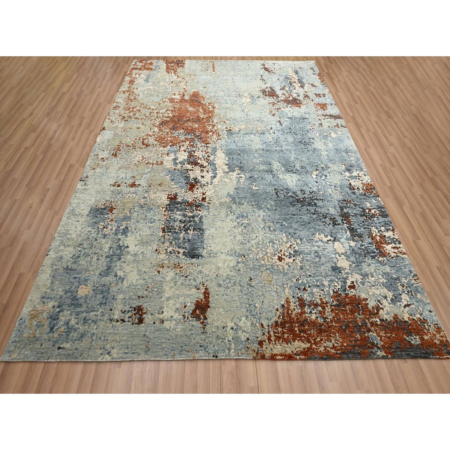 8'1"X10'2" Gray-Beige Abstract Design Pure Wool Hand Knotted Oriental Rug