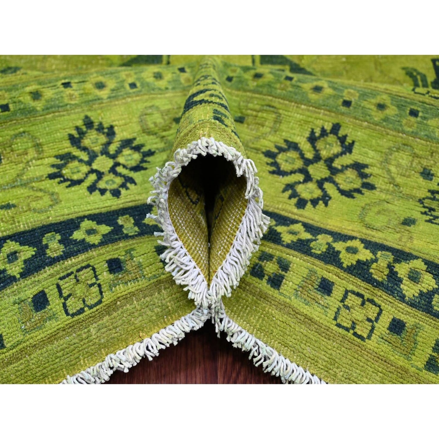 8'7"X11'6" Green Overdyed Kazak Geometric Pattern Hand Knotted Wool Rug