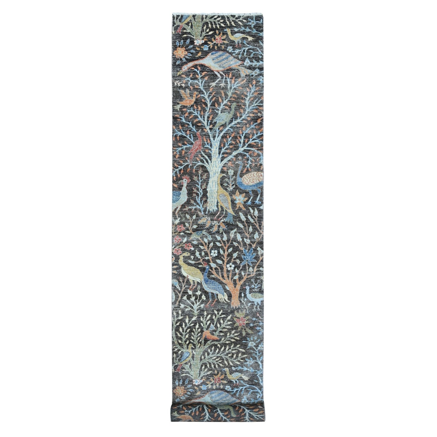 2'6"X17'9" Gray Peshawar Hand Knotted Wool Birds Paradise Xl Runner Rug