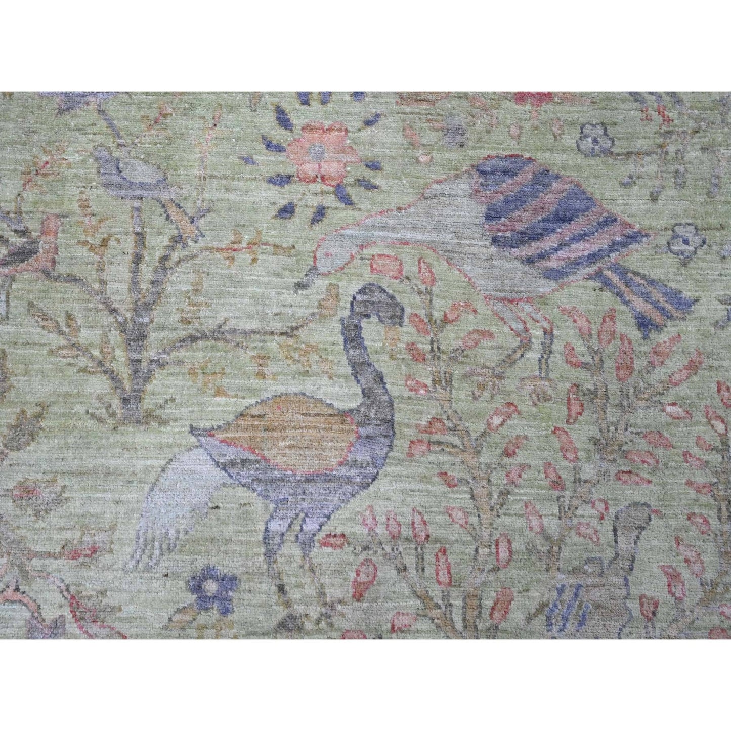 8'10"X12'3" Green Afghan Peshawar Birds Design Hand Knotted Soft Wool Rug