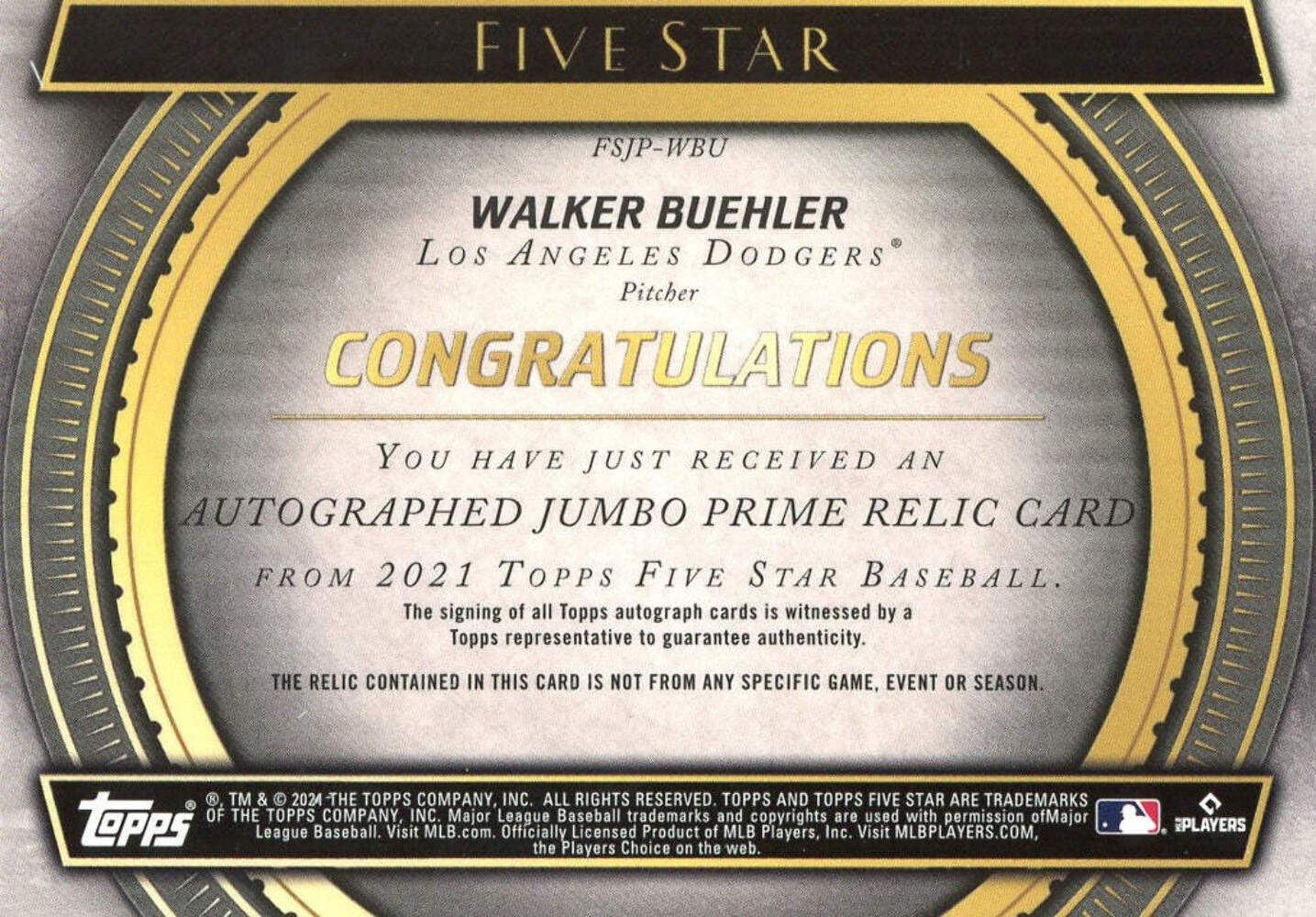 Walker Buehler 2021 Topps Five Star Autographed