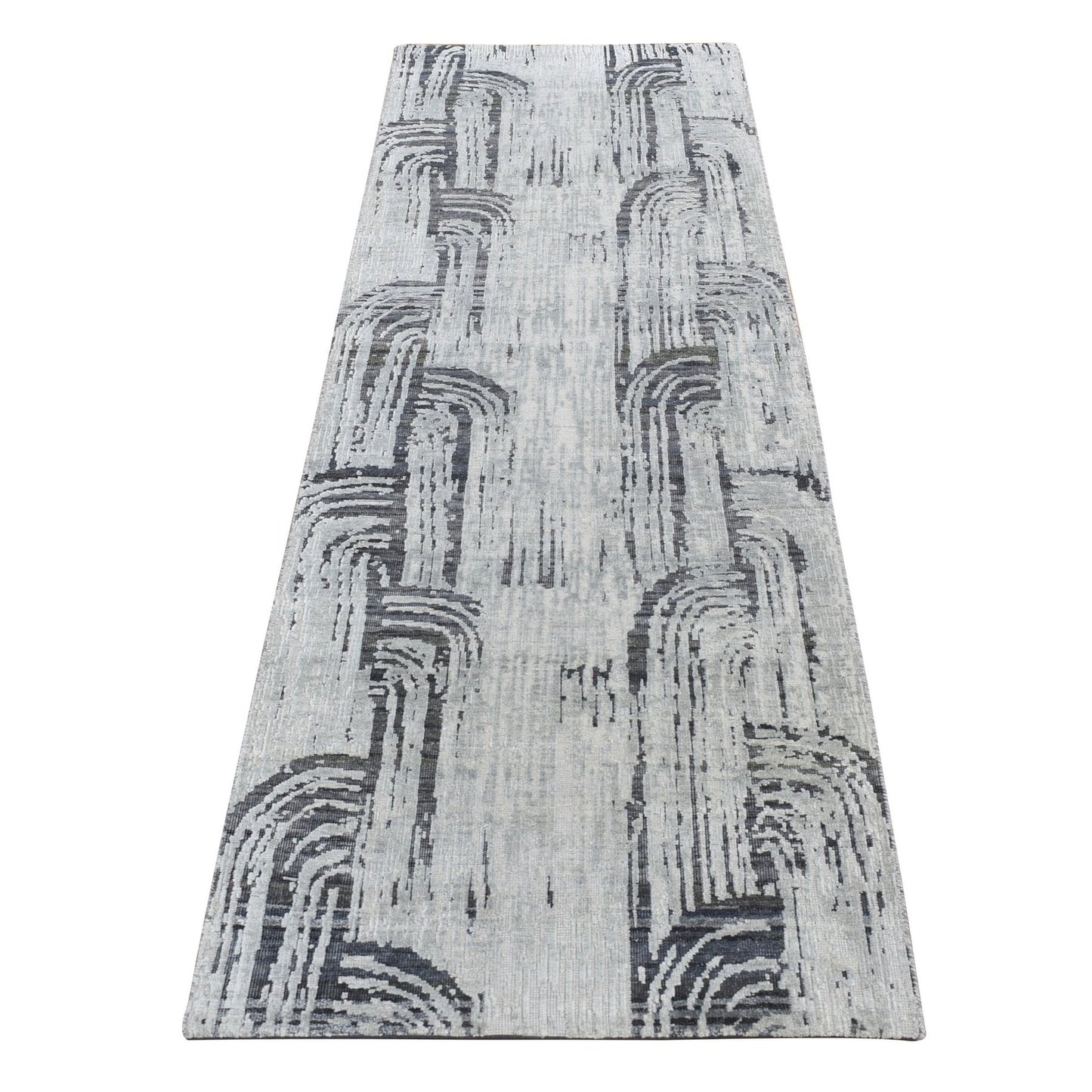 2'7"X8' Gray The Cane Design Pure Silk With Wool Hand Knotted Runner Rug