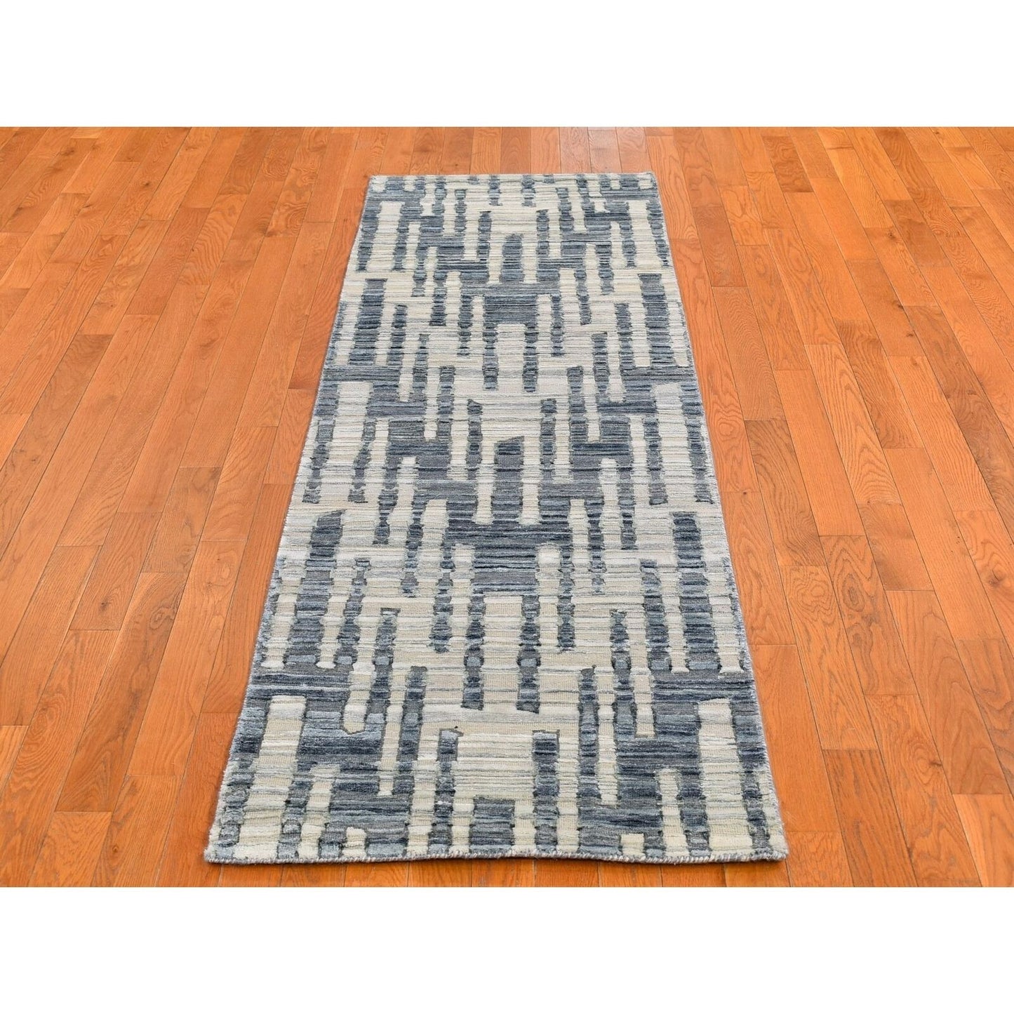 2'6"X8'3" Blue Pure Silk And Textured Wool Wide Runner Hand Knotted Rug