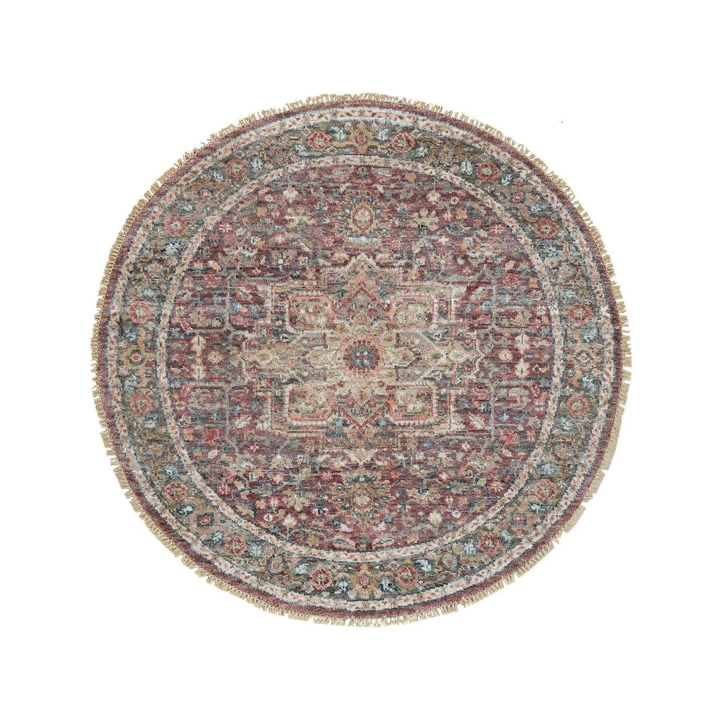 5'X5' Garnet Red Heriz Revival Pure Wool Hand Knotted Round Oriental Rug