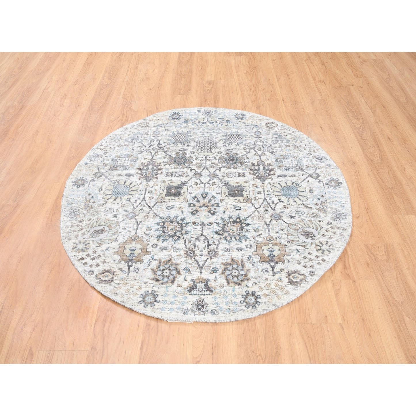 5'1"X5'1" Ivory Silk With Textured Wool Tebraz Hand Knotted Oriental Rug