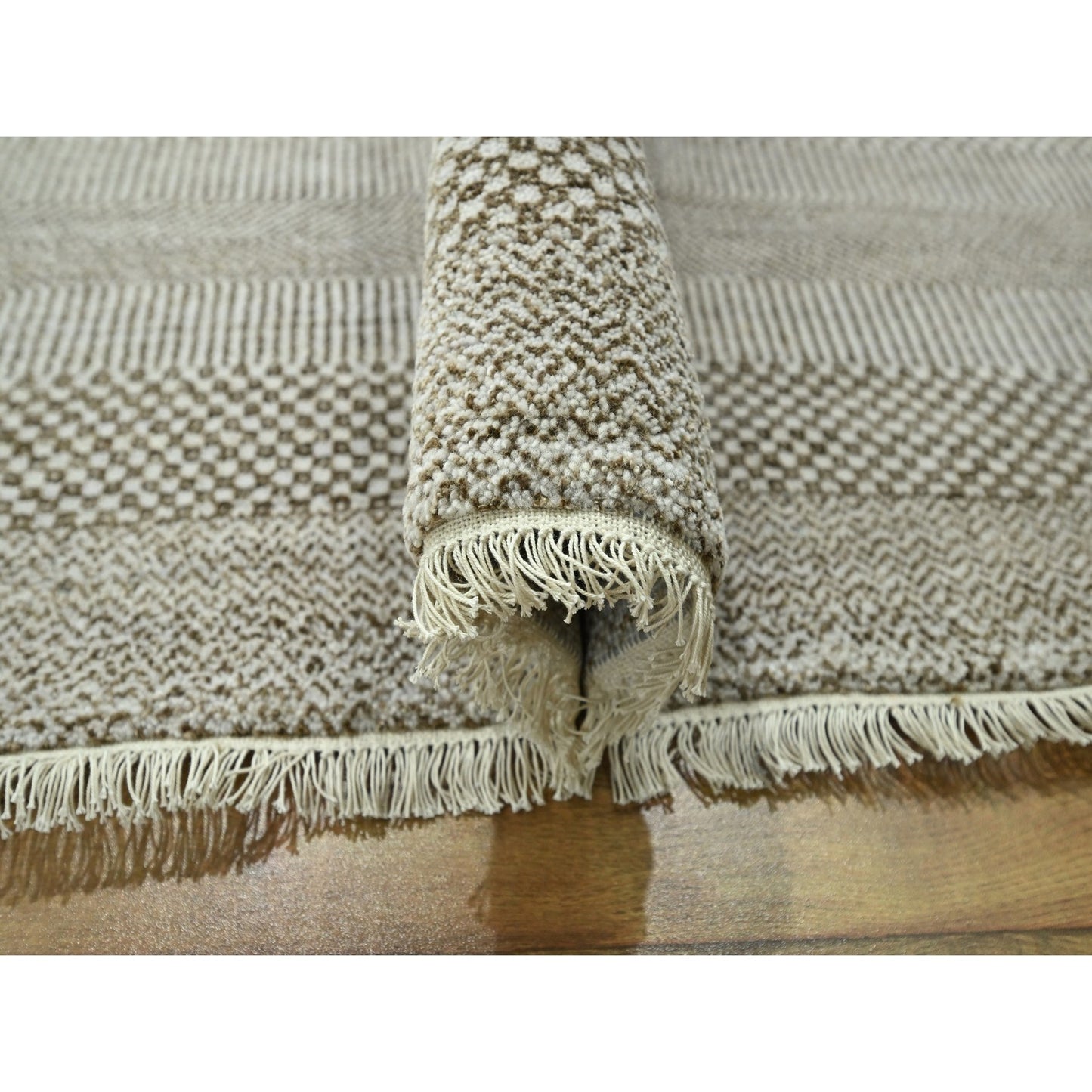 10'X14' Brown Modern Grass Design Wool And Silk Hand Knotted Oriental Rug