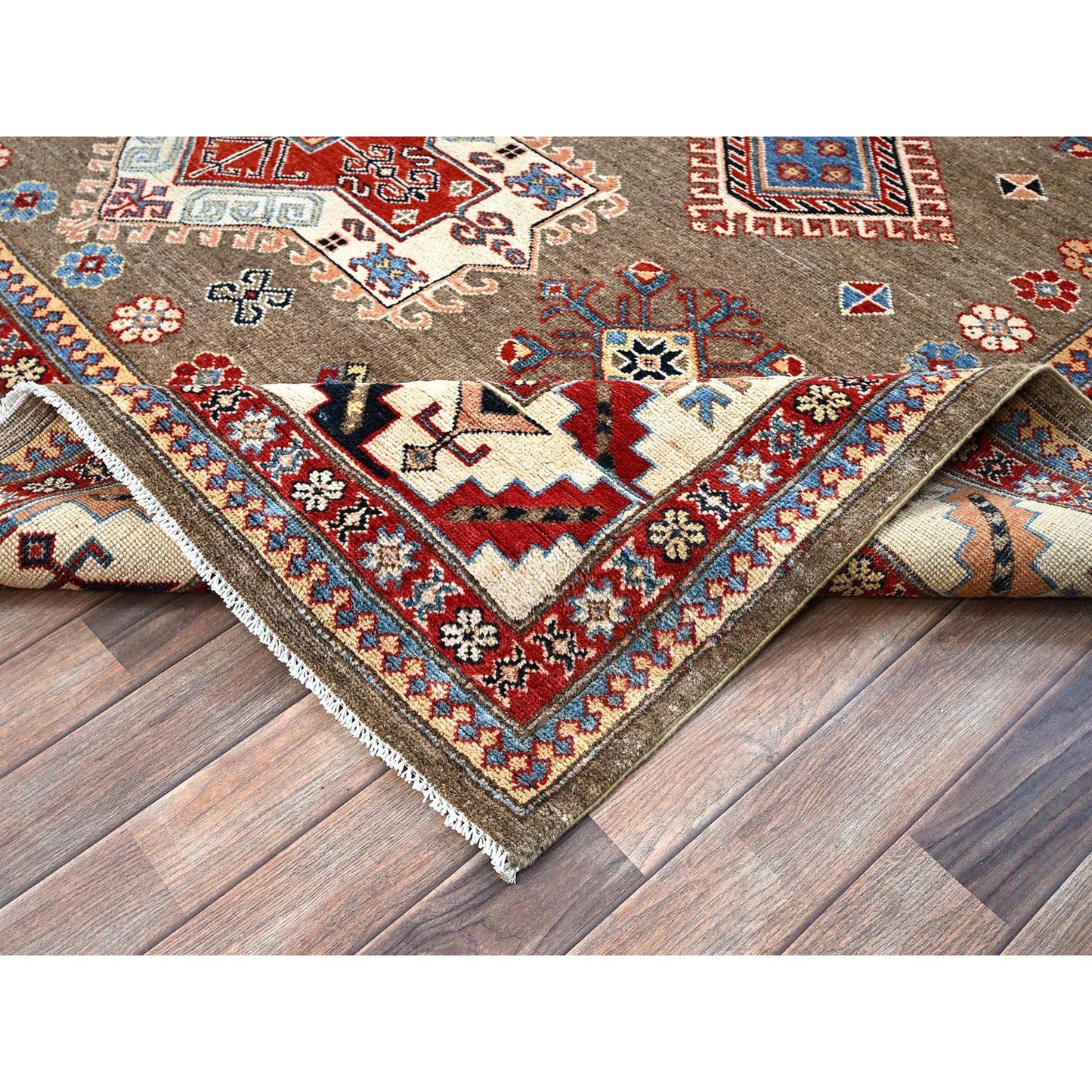 8'2"X10' Brown Afghan Special Kazak Geometric Design Hand Knotted Wool Rug