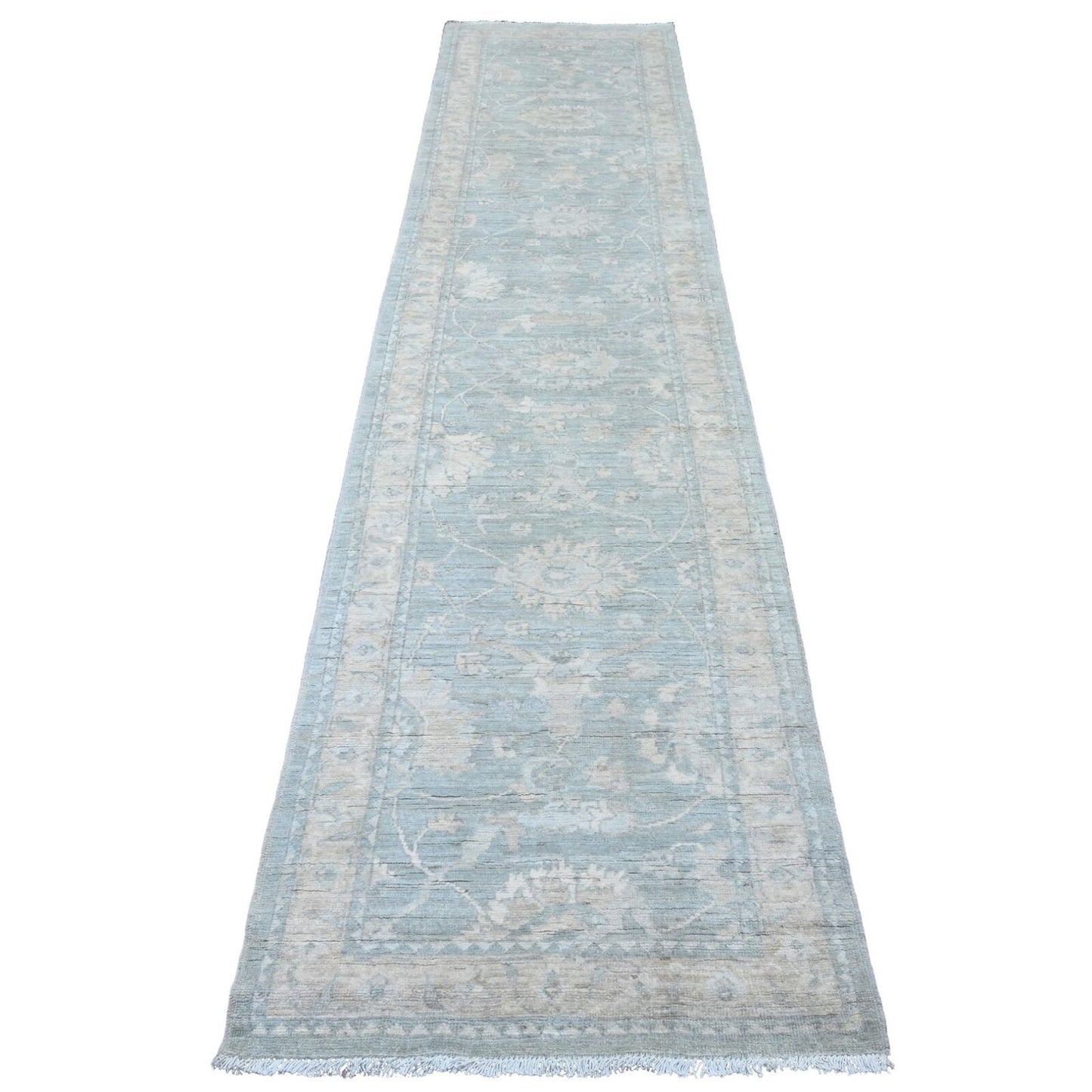 2'8"X11'7" Gray Stone Washed Peshawar Hand Knotted Pure Wool Runner Rug