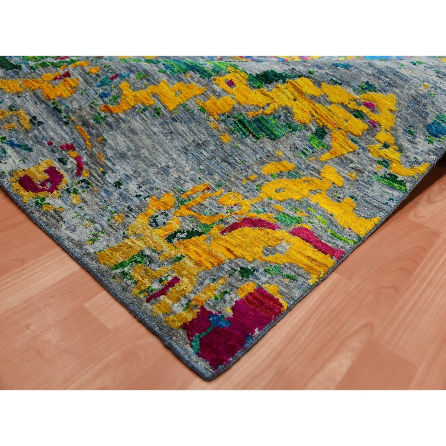 9'X11'9" Gray Lava Design Sari Silk With Wool Hand Knotted Rug