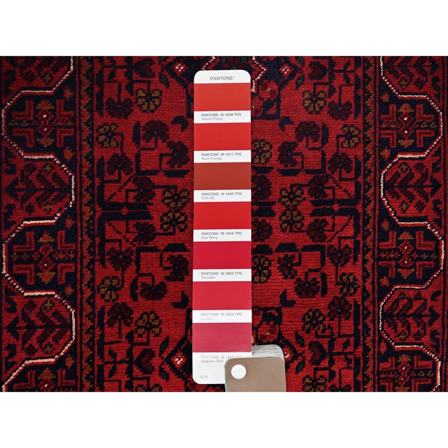1'8"X4'9" Red Afghan Khamyab Geometric Pattern Hand Knotted Wool Runner Rug