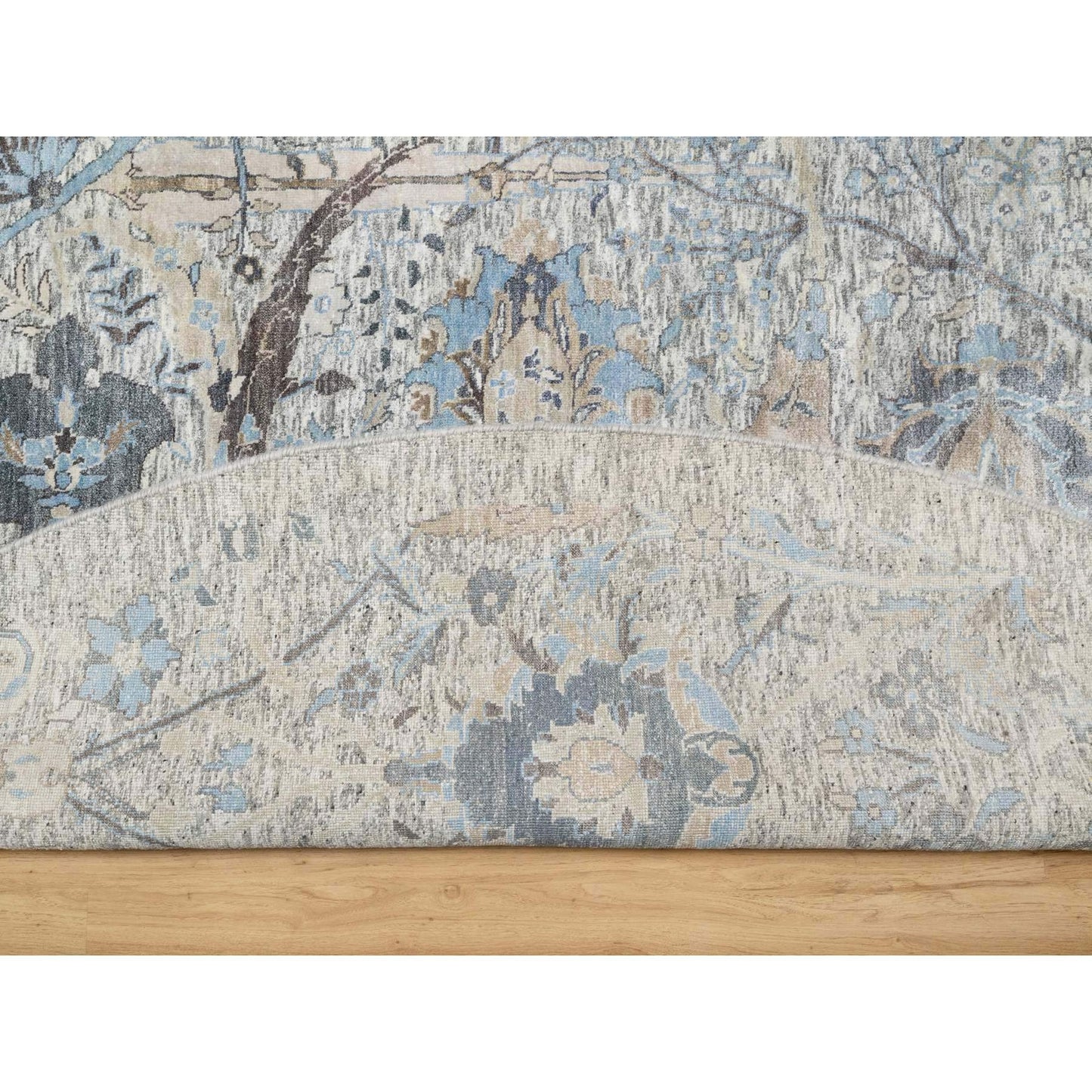 10'X10' Tahira White Hand Knotted Silk And Wool Sickle Leaf Round Rug