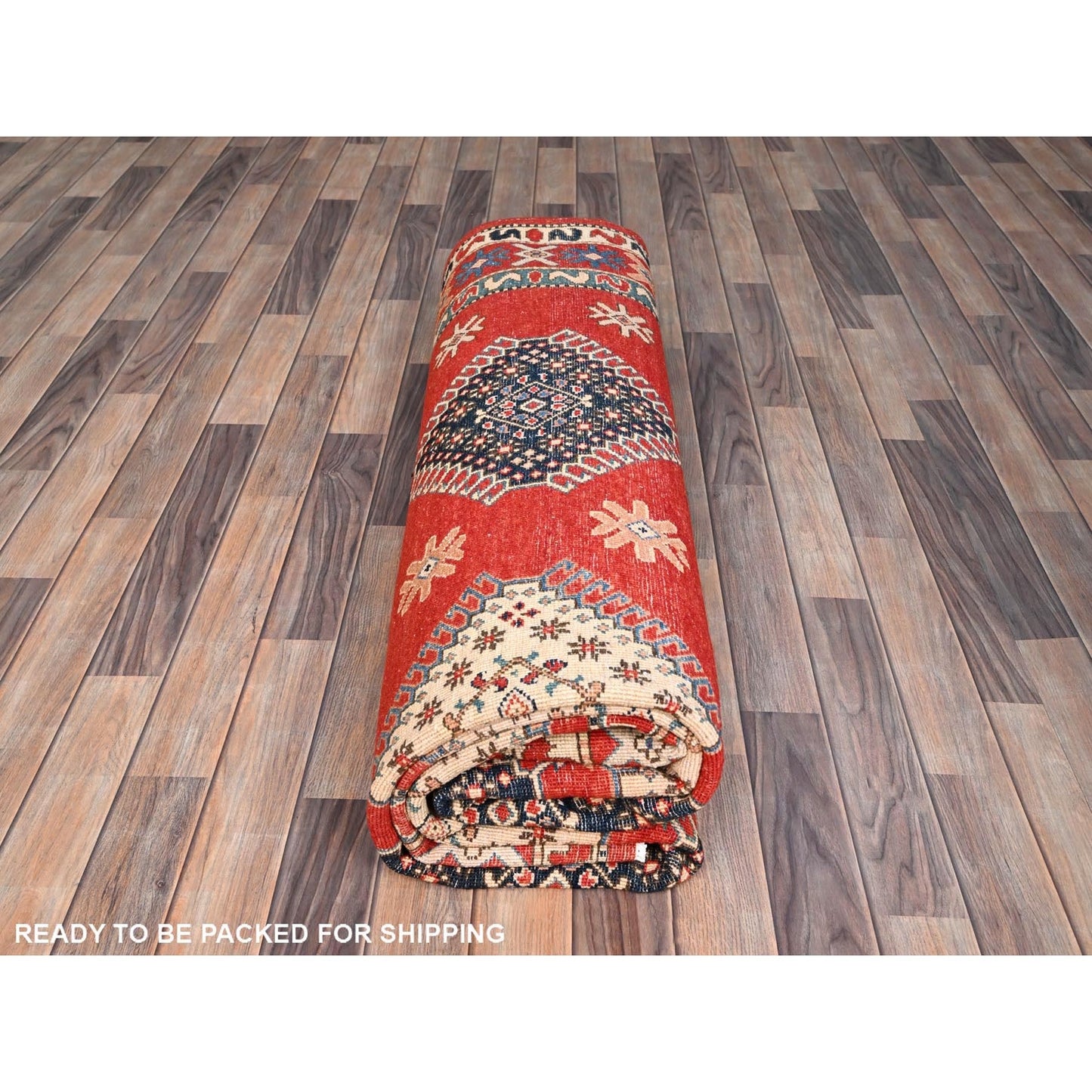 8'1"X9'9" Red Special Kazak All Over Medallions Wool Hand Knotted Rug