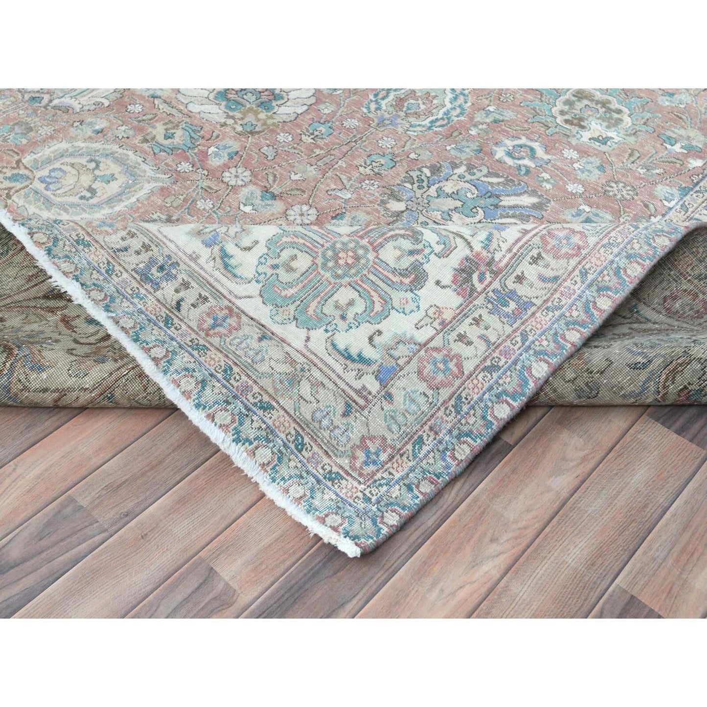 11'1"X14'7" Red Vintage Farsian Tebraz Worn Down Wool Hand Knotted Rug