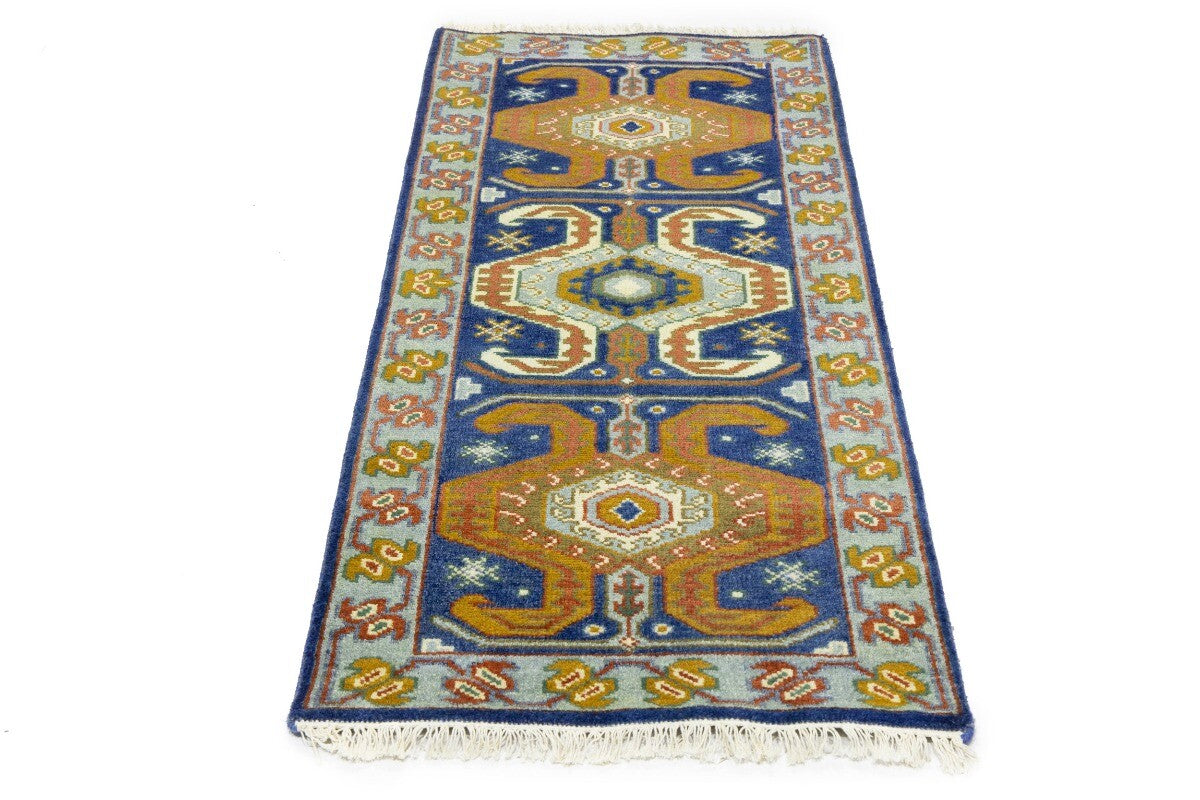 Navy Blue Geometric Tribal Kazak Rug Wool