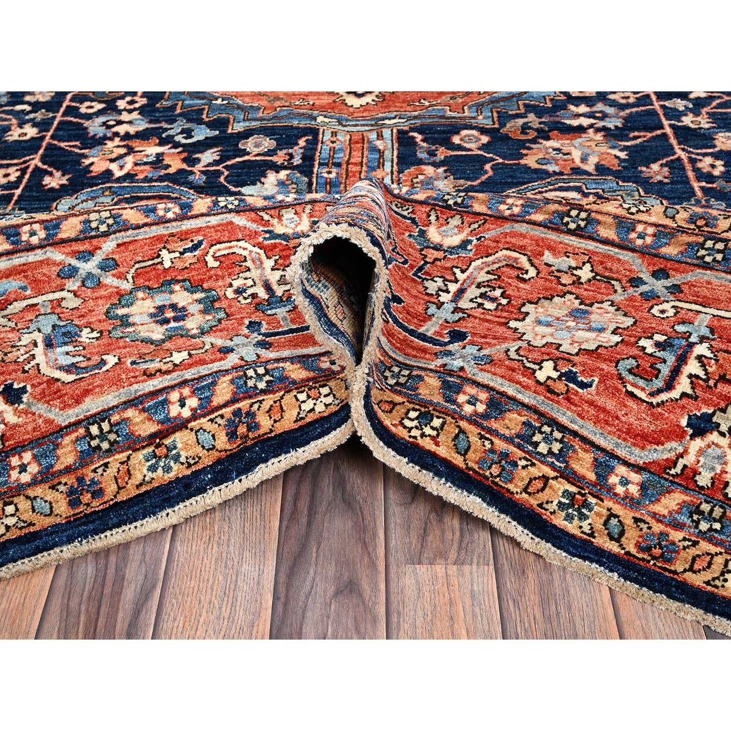 10'1"X14' Midnight Blue Seeripe Heris Design Soft Wool Hand Knotted Rug