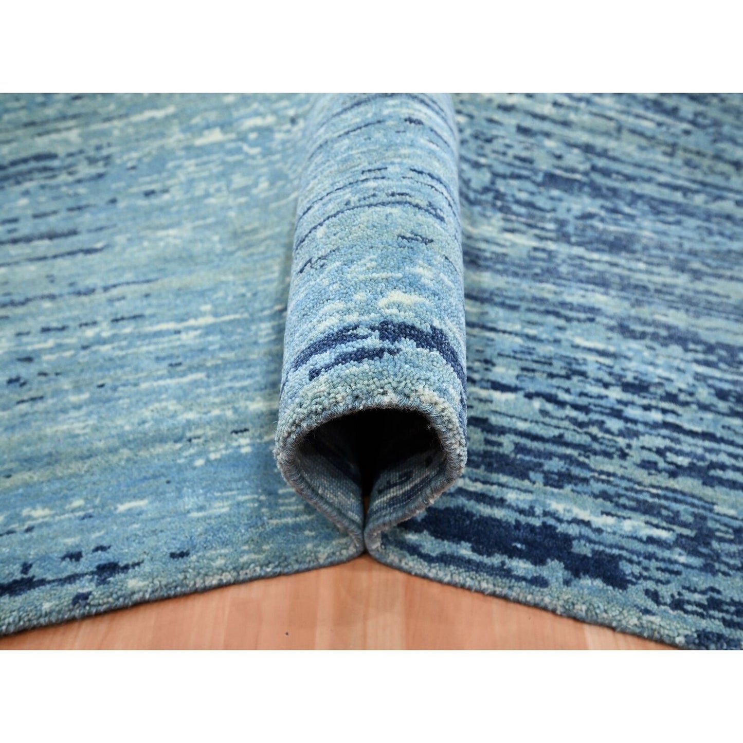 8'1"X10'4" Denim Blue Horizontal Ombre Design Pure Wool Hand Knotted Rug