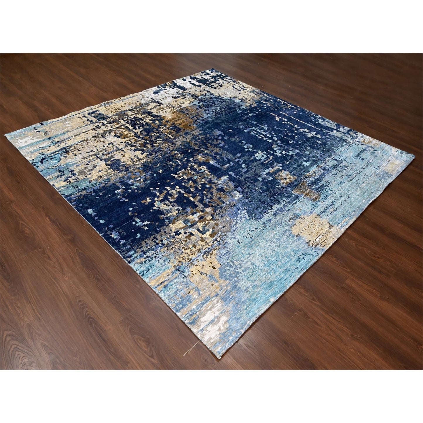 9'10"X9'10" Blue Mosaic Design Wool And Silk Hand Knotted Square Rug