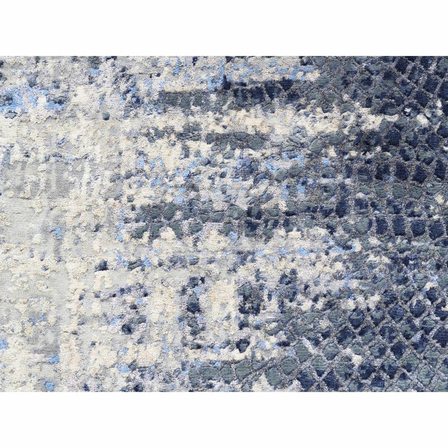 2'5"X6'1" Blue Abstract Mosaic Design Wool-Silk Hand Knotted Runner Rug