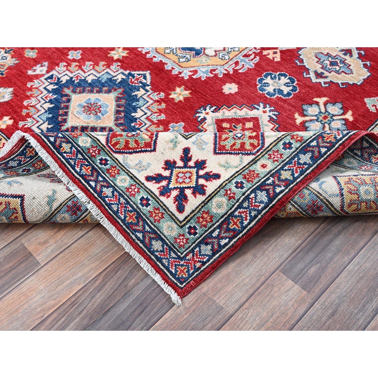 5'10"X8'8" Red Kazak With Geometric Medallions Design Wool Hand Knotted Rug