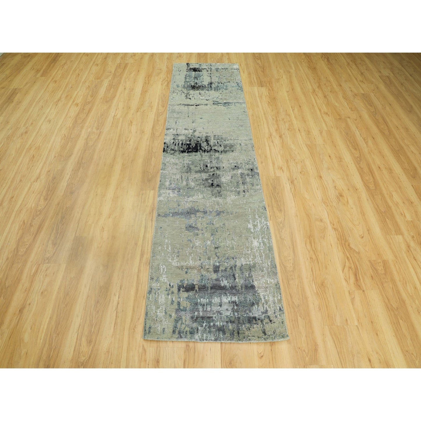 2'7"X9'9" Silver Blue Silk Modern Abstract Design Handknotted Runner Rug