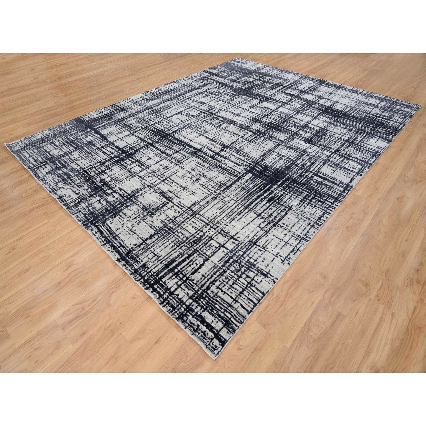 9'X11'10" Black Modern Design Wool And Silk Hand Loomed Rug