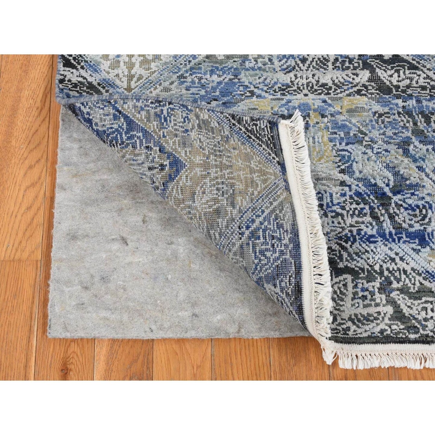 2'7"X8'3" Blue Broken And Erased Silk With Wool Hand Knotted Runner Rug