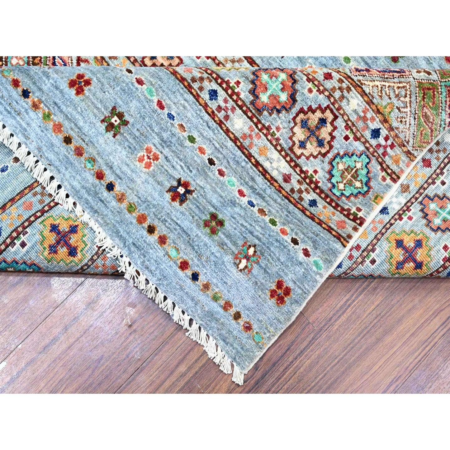 8'2"X11'10" Blue Gray Super Kazak Khorjin Design Hand Knotted Wool Rug