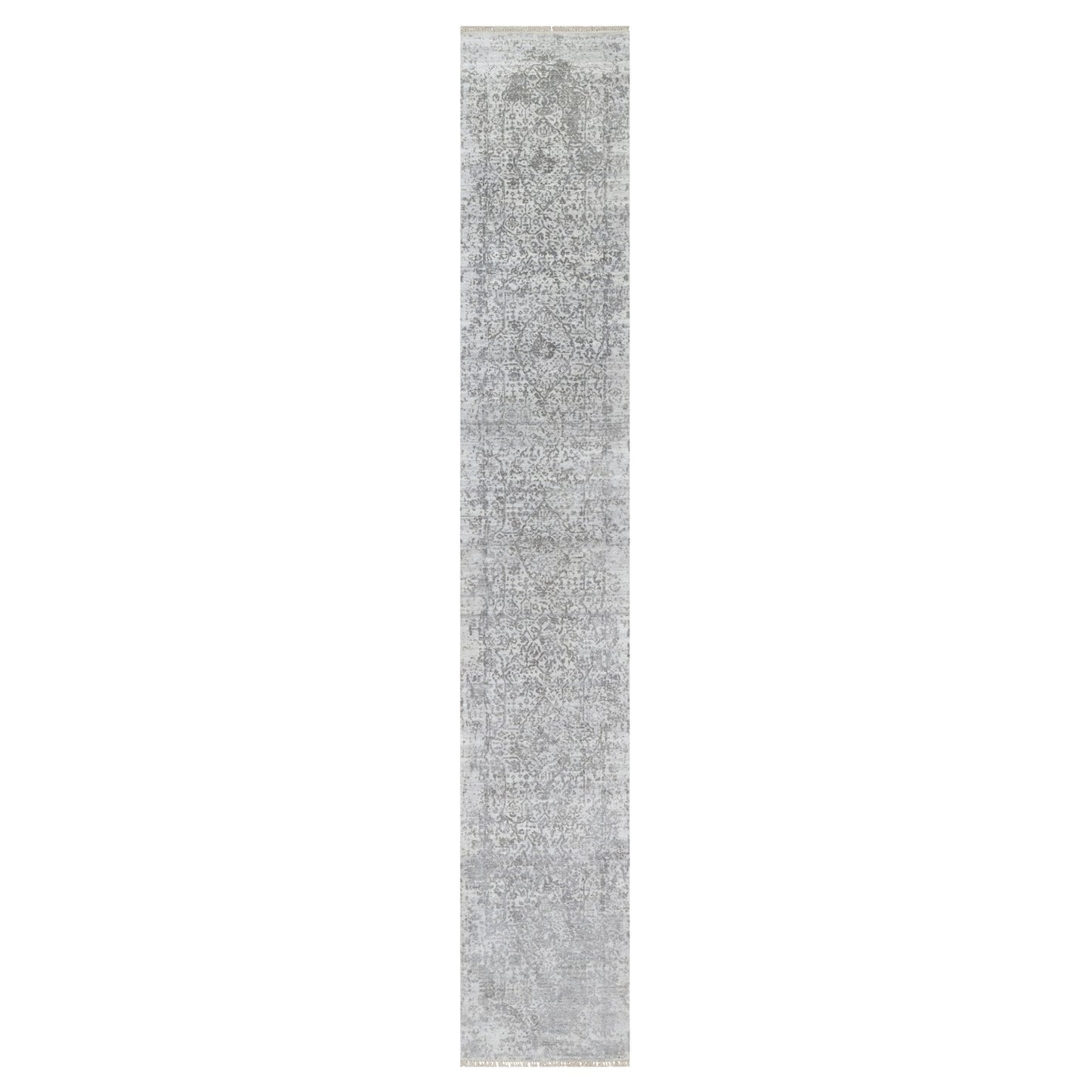2'7"X16' Gray Zoroastrian Design Hand Knotted Wool And Silk Runner Rug