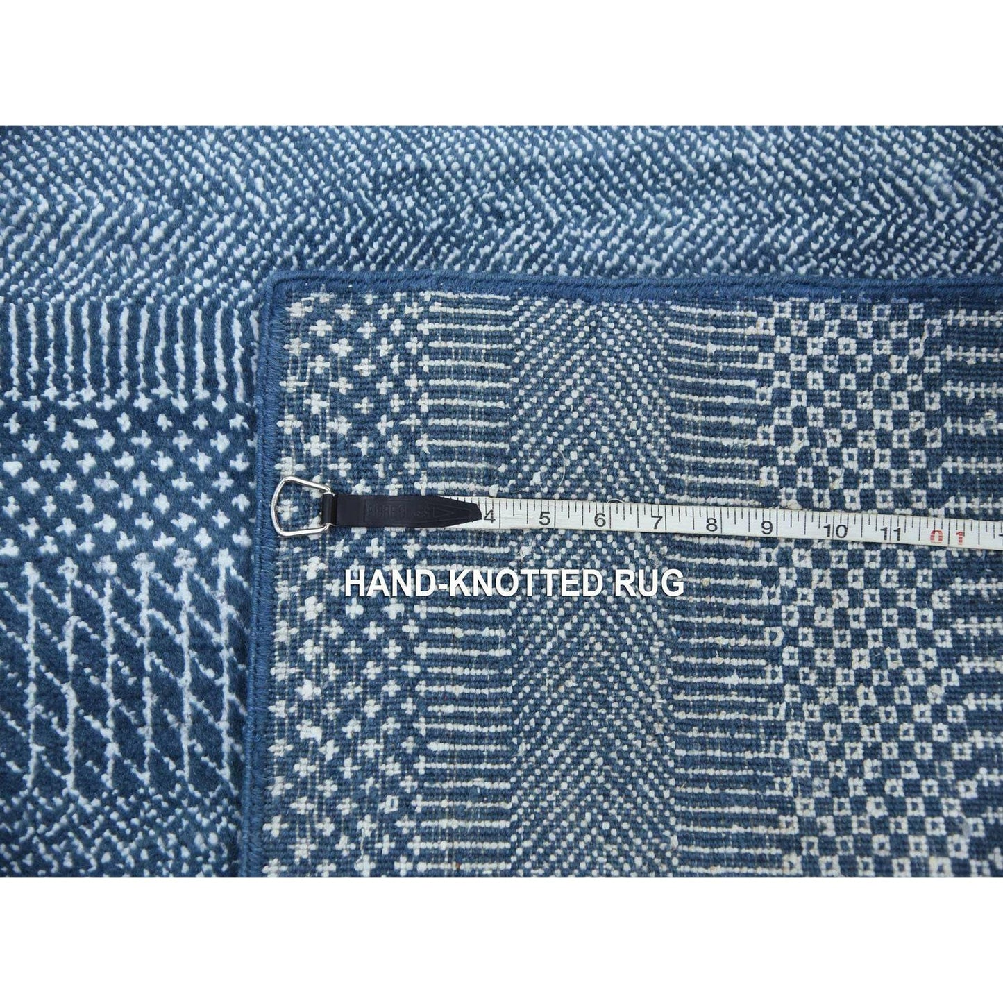 2'9"X11'4" Blue Modern Grass Design Wool And Silk Hand Knotted Runner Rug