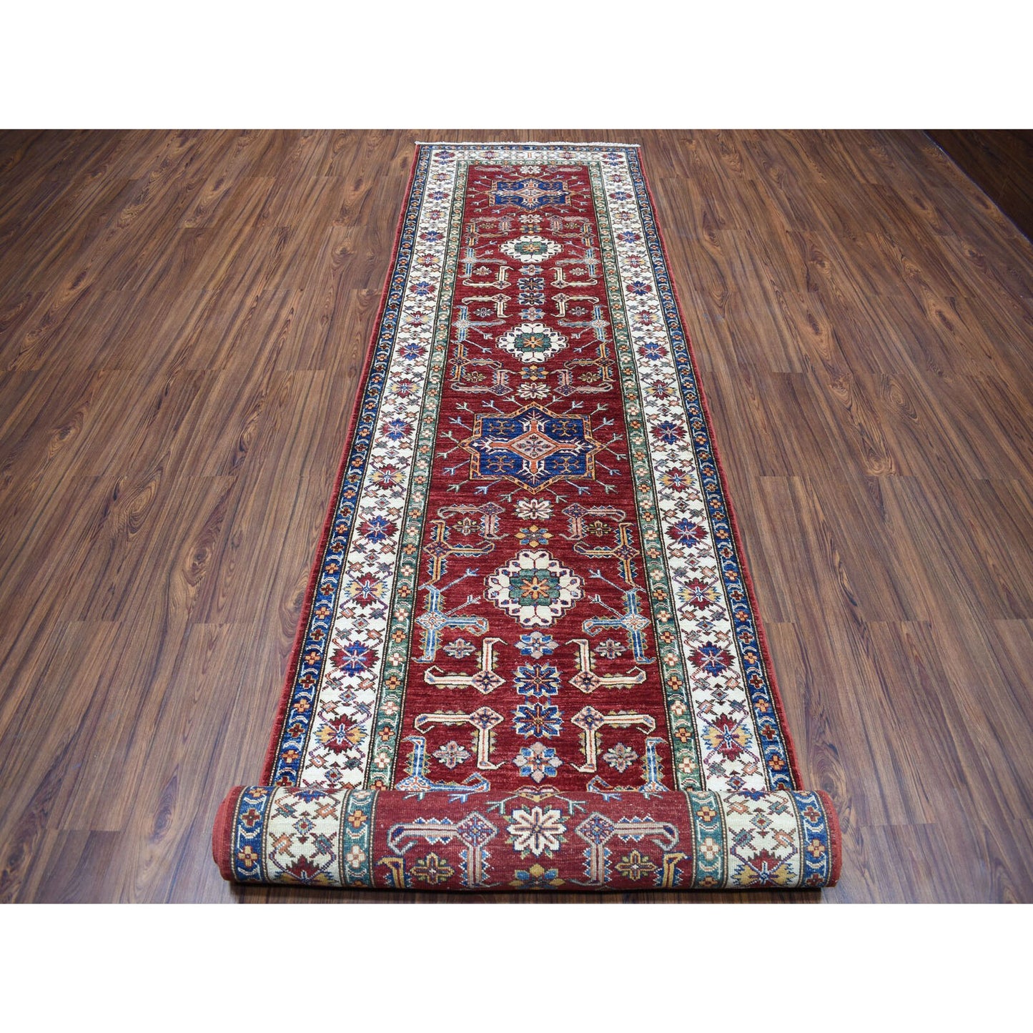3'5"X19'3" Red Super Kazak Geometric Design Hand-Knotted Xl Runner Rug