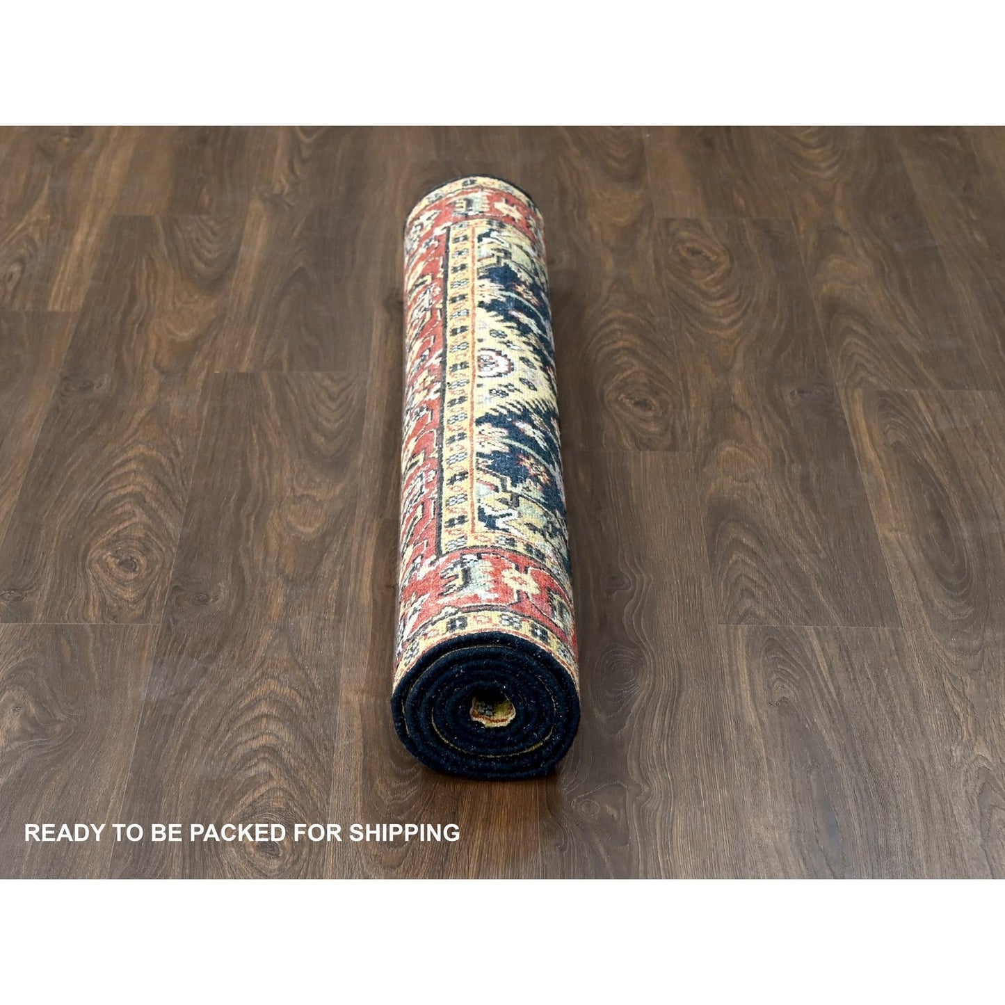 4'2"X6' Black With Red Karajeh Design Hand Knotted Wool Oriental Rug