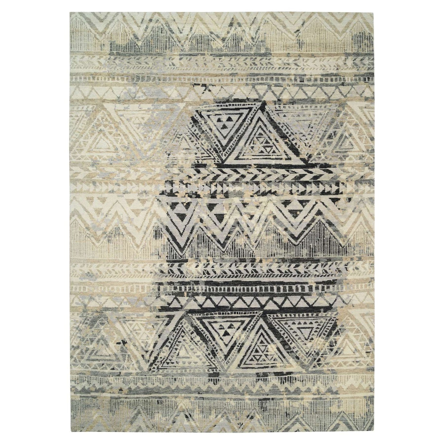 9'9"X13'10" Gray Erased Ethnic Geometric Design Wool Hand Knotted Rug