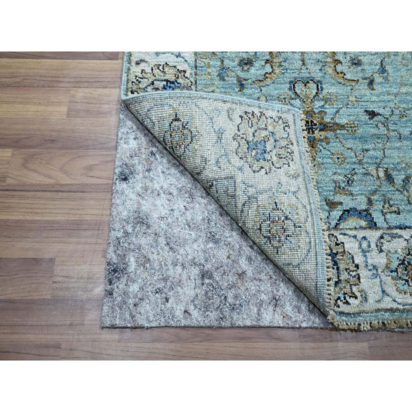 2'7"X22' Sky Blue Hand Knotted Agra Flower Design Pure Wool Xl Runner Rug