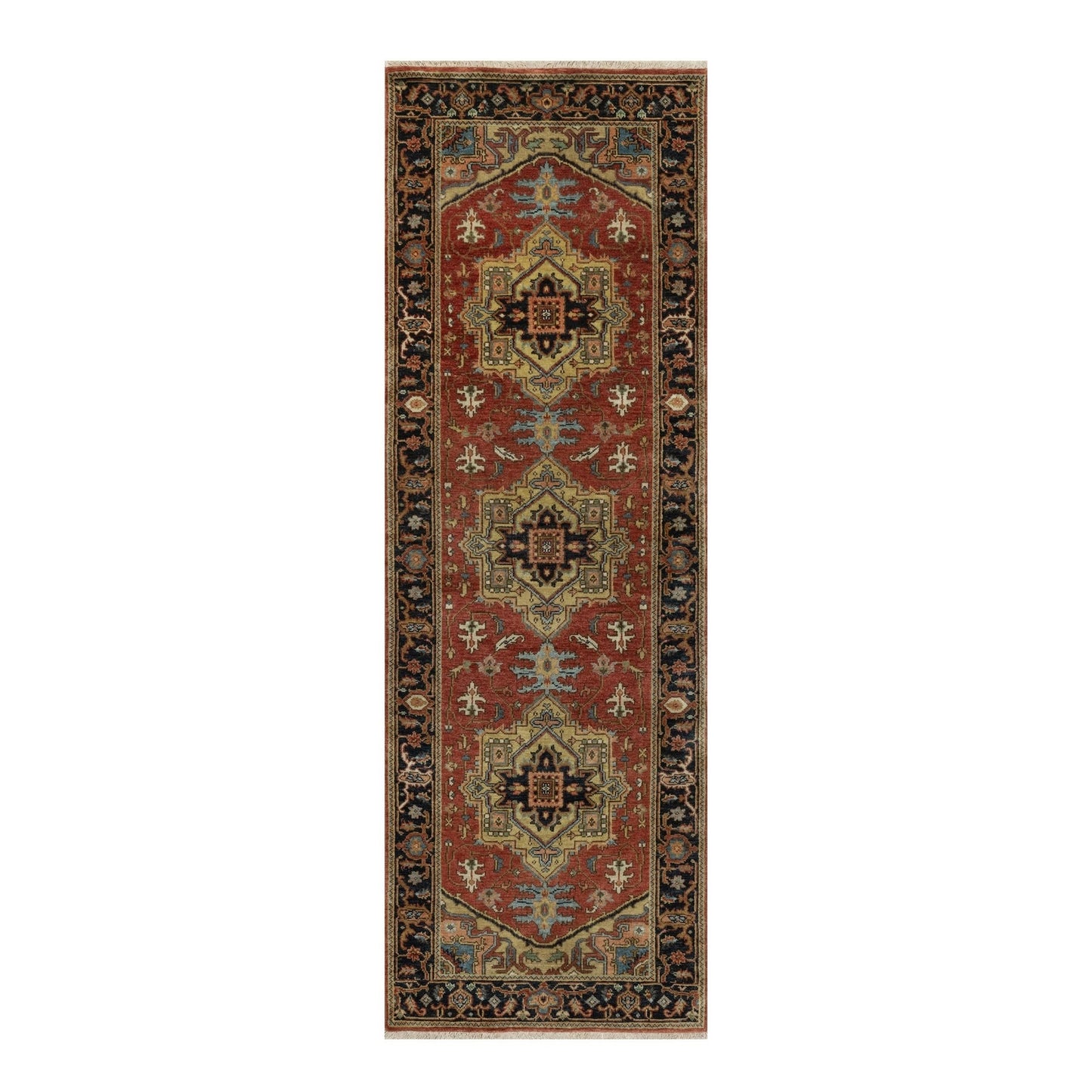 2'7"X7'10" Red New Zealand Wool Heris Revival Hand Knotted Runner Rug