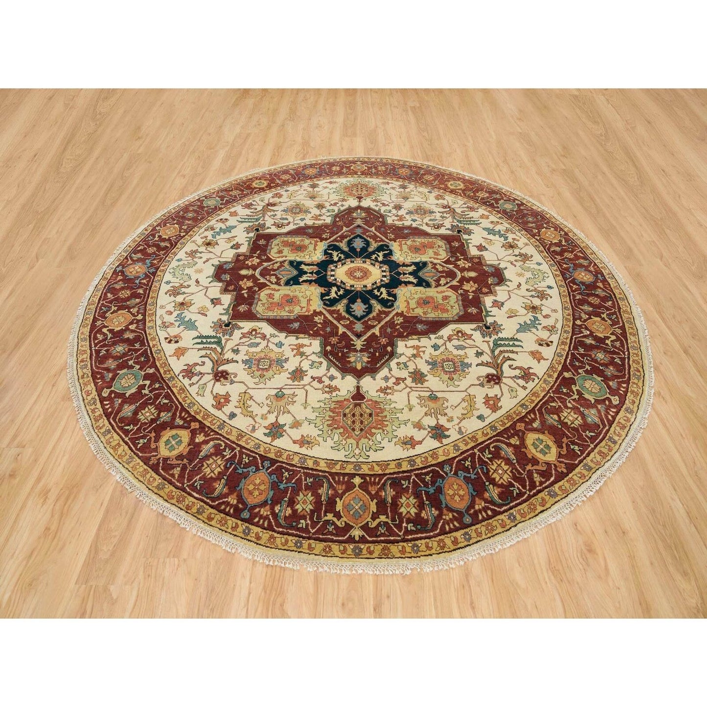 10'X10' Ivory Heris Re-Creation Hand Knotted Wool Round Oriental Rug