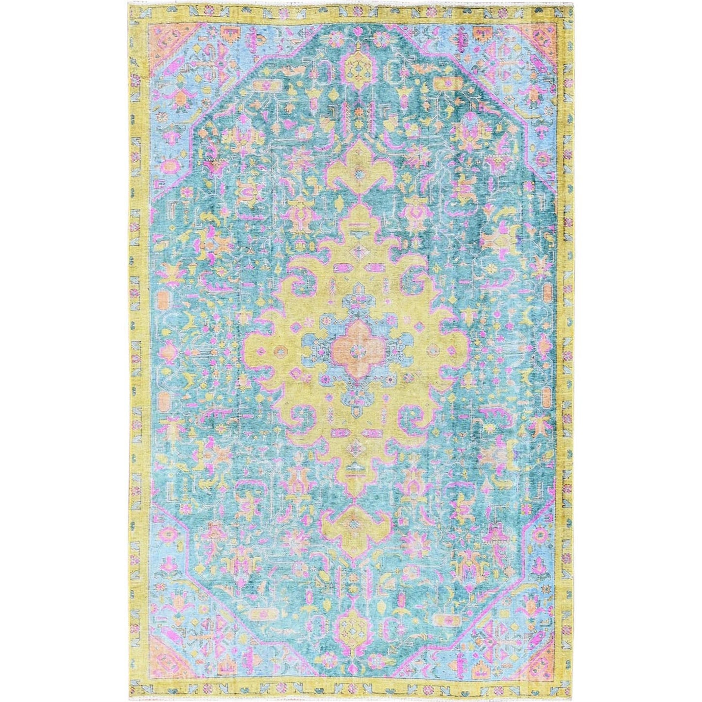 5'10"X9' Green Painted Vintage Zoroastrian Tebraz Hand Knotted Wool Rug