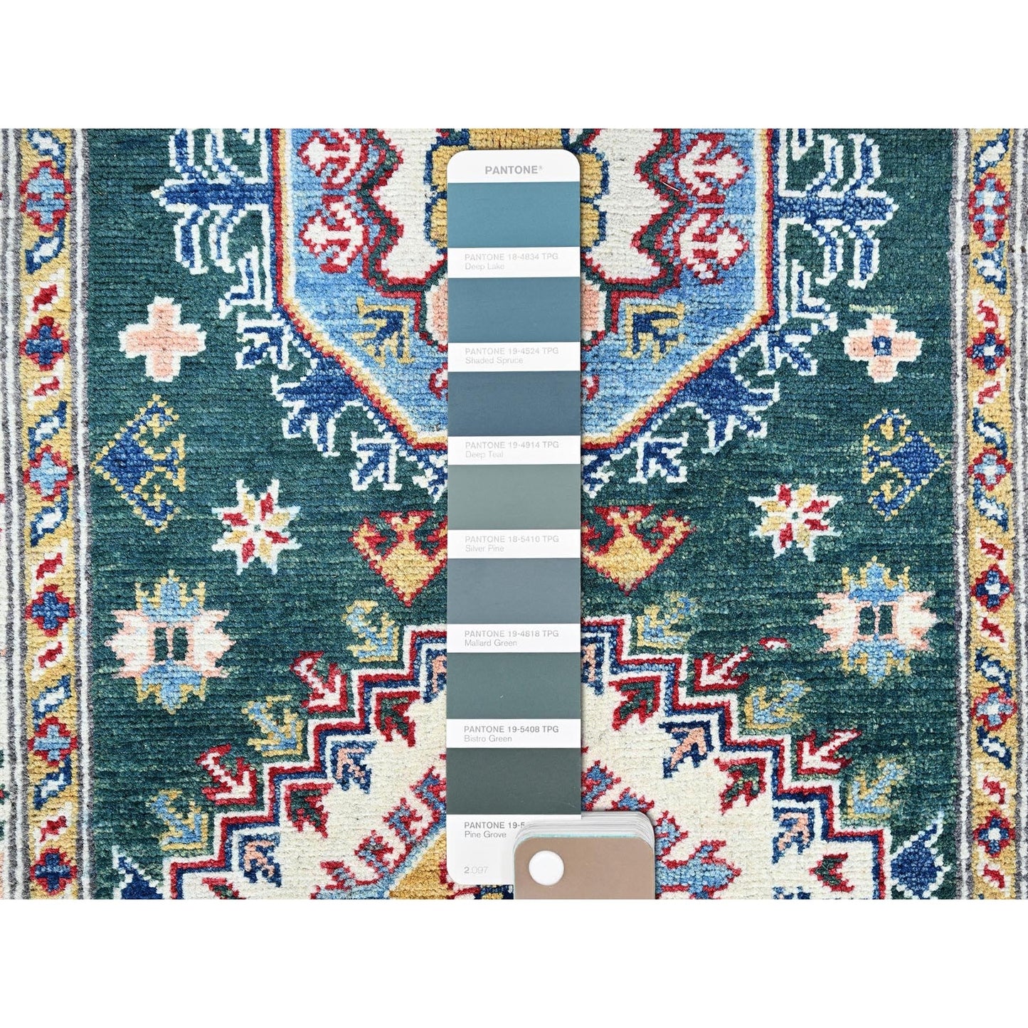 2'6"X9'9" Green Kazak With Medallions Design Wool Hand Knotted Runner Rug