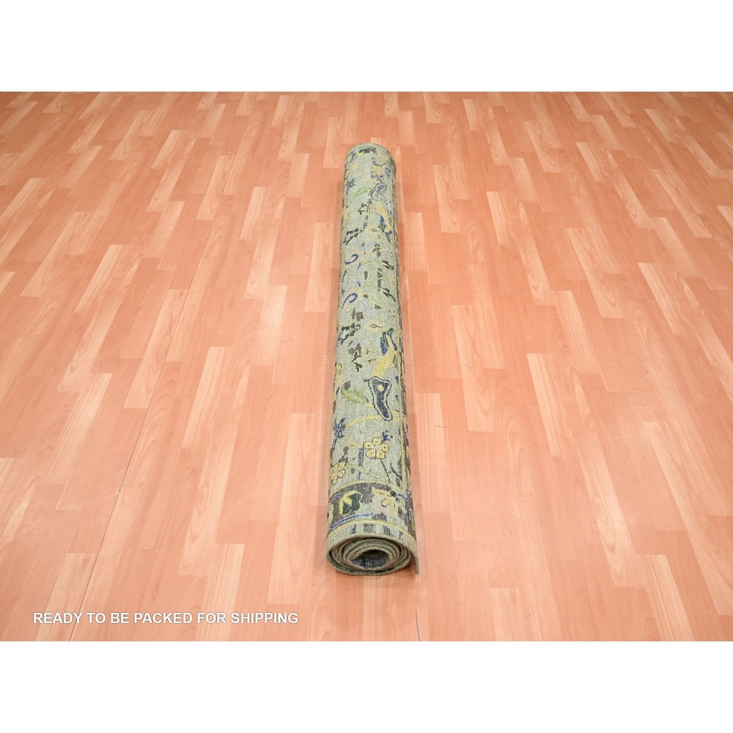 6'1"X9'3" Green Broken And Erased Birds Design Hand Knotted Pure Wool Rug