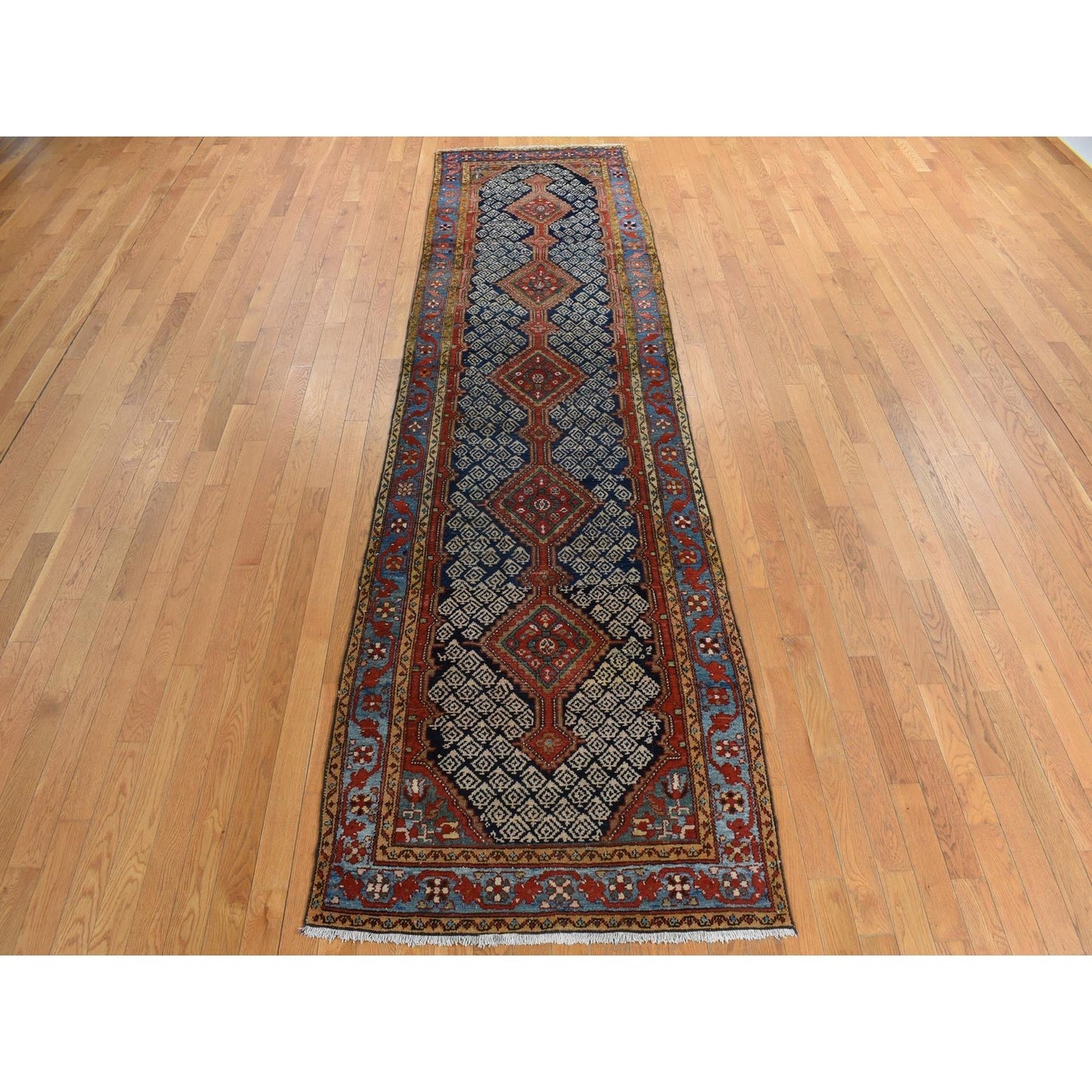 3'5"X12'6" Blue Antique Zoroastrian Malayer Wool Hand Knotted Runner Rug