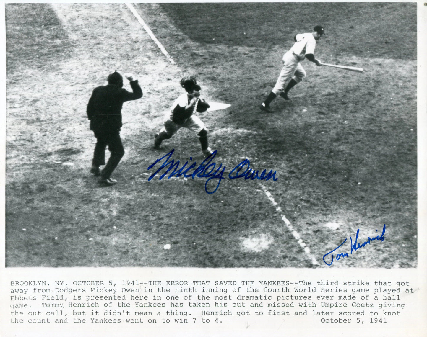 Mickey Owen Tom Henrich Autographed 8X10
