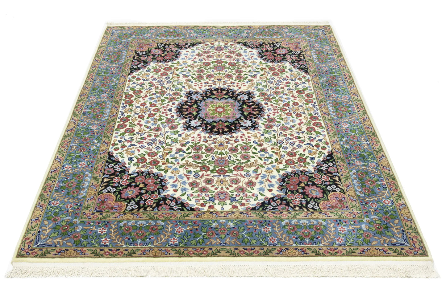 Handmade Kirman Oriental Rug Cream & Blue Floral